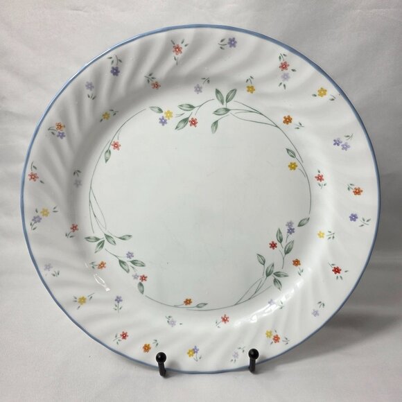 Corelle English Meadow Dinner Plate White Swirl Rim Blue Trim Multicolor Floral - Picture 1 of 14